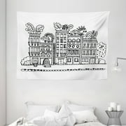 Interestprint Decor Tapestry, Sketchy Hand Drawn Cartoon House Apartment Trees Kids Nursery Room, Wall Hanging for Bedroom Living Room Dorm Decor, 80W X 60L Inches, Black and White, by Ambesonne