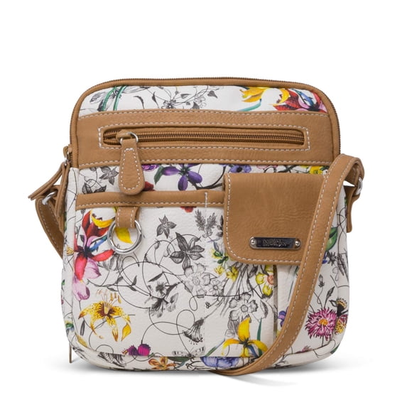 Bandolera MultiSac Vienna de piel vegana con estampado floral y avellana