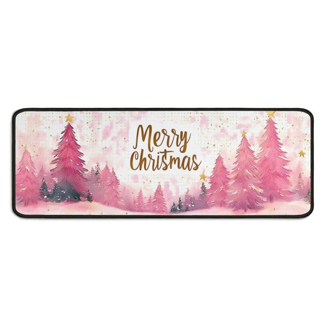 Kitchen Rug Set of 2 Non Skid Christmas Kitchen Mats for Floor,Merry Christmas Pink Triangle Tree Rugs for Kitchen Floor for Bathroom,Room Bath (47x17+30x17 Inches)