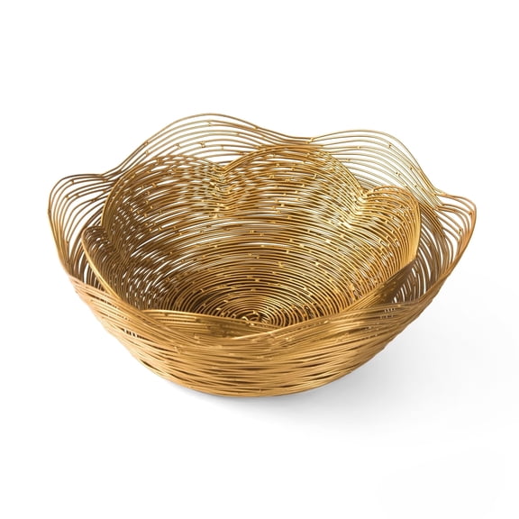 Mela Artisans Metal Bowl, Gold, Set of 2 | Ruffle Decorative Style Bowls for Fruits & More | 9x9x4 and 12x12x4.5, Gurez Valley | Kitchen Counter w/Round Underneath, Handmade