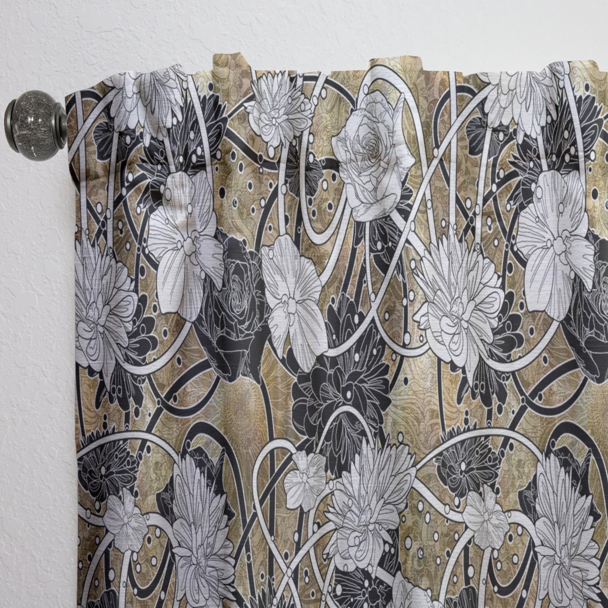 Designart 'Black Roses On Brown With White Drawn Flowers' Floral Curtain Panel