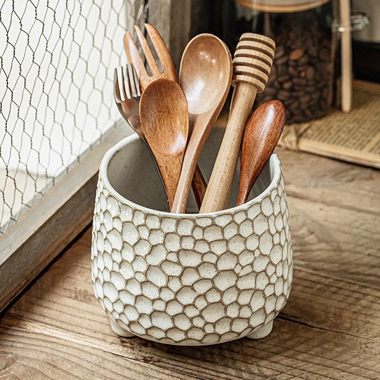 Utensil Crock, 4.3 Inch Utensil Holder for Counter, Kitchen Utensil Organizer, Farmhouse Kitchen Countertop Decor, Flower Pot, Makeup Tool Holder, Pen Holder, Pinecone-Shaped Ceramic Storage Jar