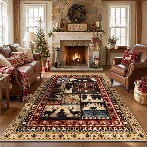MJIAexp 5'x7' Christmas Area Rug Washable Living Room Rug, Xmas Vintage Western Buffalo Bear Decor Indoor Carpet Rugs, Non Slip Soft Low Pile Area Carpet for Living Room Bedroom Festive Decor