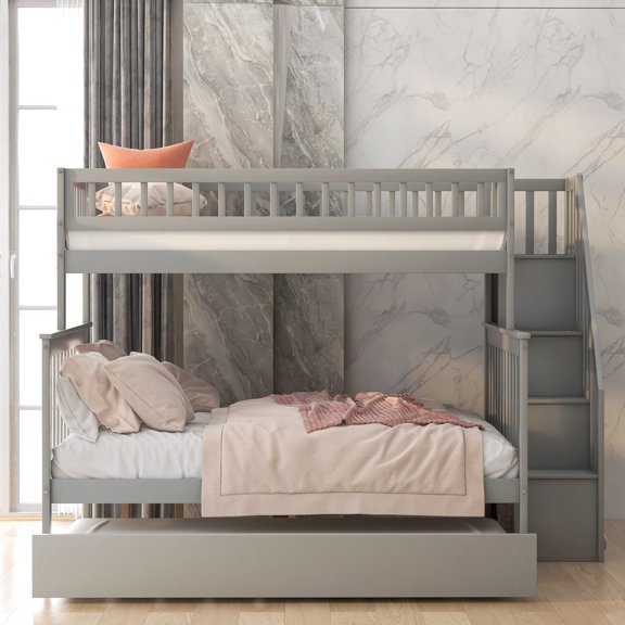 Twin over Full Bunk Bed with Trundle and Staircase Bedroom Furniture