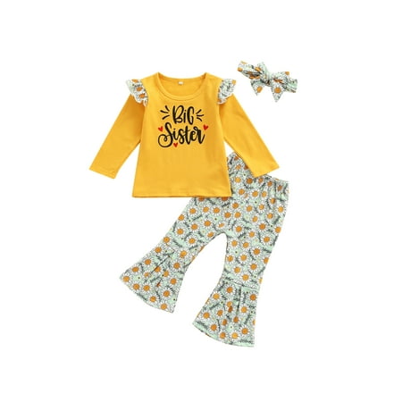 

Canrulo Big Sister Newborn Baby Girl Clothes Letter Long Sleeve Tops and Sunflower Flared Pants with Headband Set Yellow 4-5 Years
