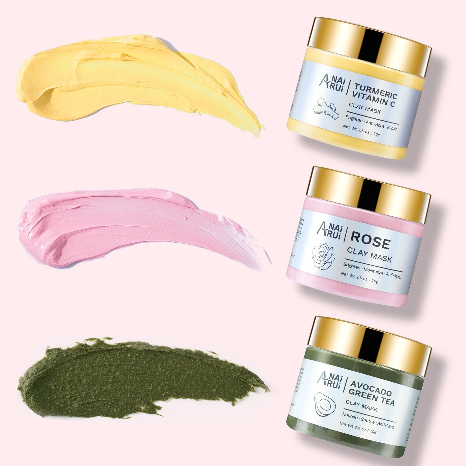 ANAiRUi Turmeric Vitamin C, Rose, Avocado Green Tea Mud Mask Set, 3 Pcs, Deep Cleansing, Dark Spot Purify Pores, SPA Mask