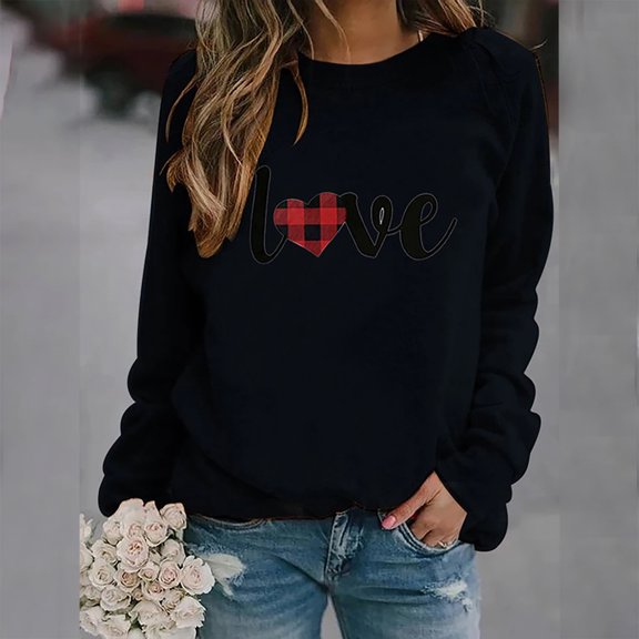 Oversized Tshirts for Women Heart Print Loose Fit Crew Neck Long Sleeve T Shirts Casual Lightweight Comfy Soft Blouses Pullover Outfits Black L
