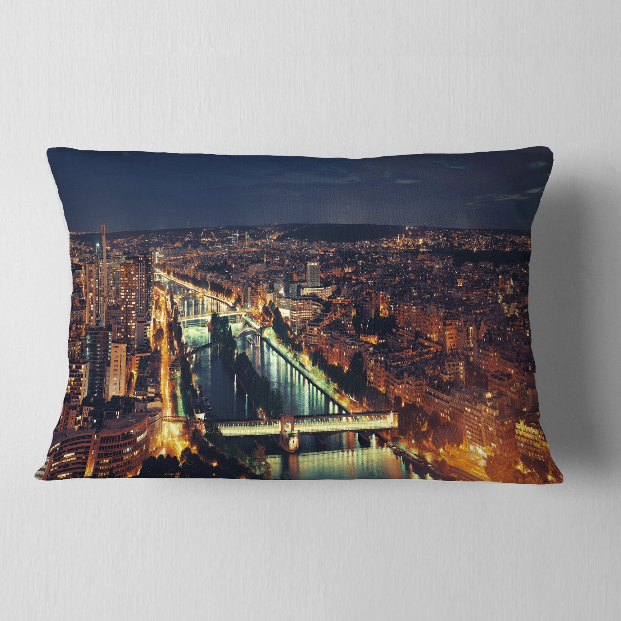 Designart Paris City Night Skyline - Cityscape Photo Throw Pillow - 12x20