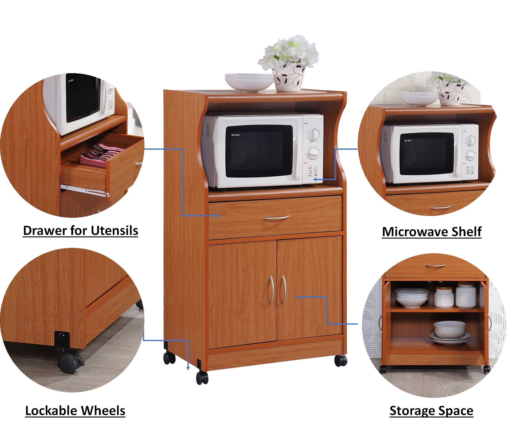 Hodedah Microwave Kitchen Cart, Cherry