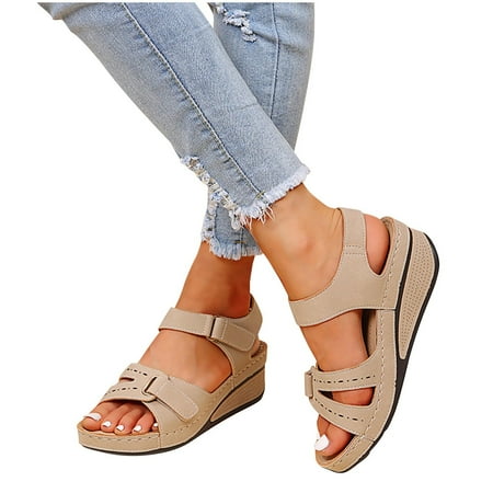 

YWDJ Sandals for Women Summer Ladies Slippers Casual Shoes Lightweight Platform Wedges Sandals G-Beige 5.5