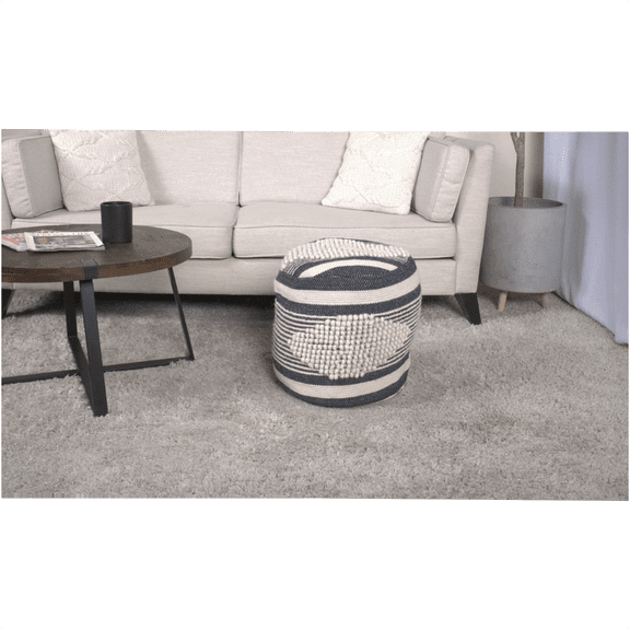 JERFIT Handcrafted Diamond Pattern Pouf Ottoman, Dark Blue Fabric Footstool for Living Room, Accent Seating