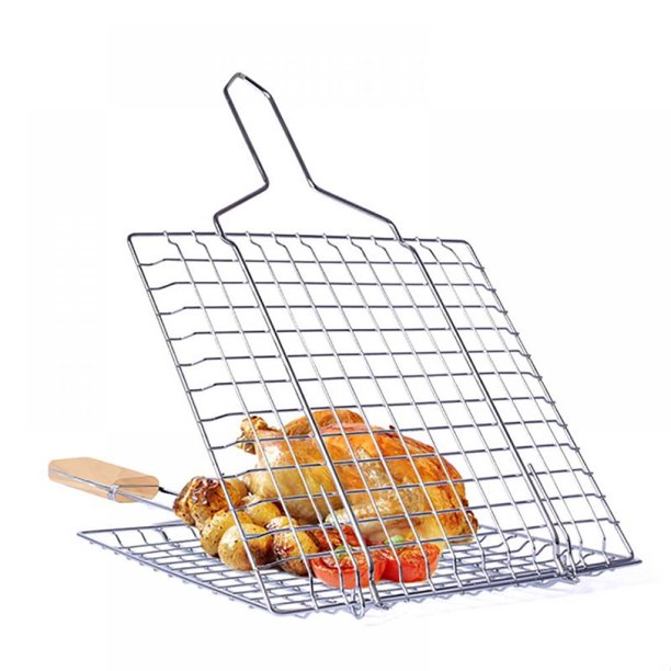 Balems Barbecue Grilling Basket BBQ Net Wooden Handle Meat Fish Clip Holder Metal Wire