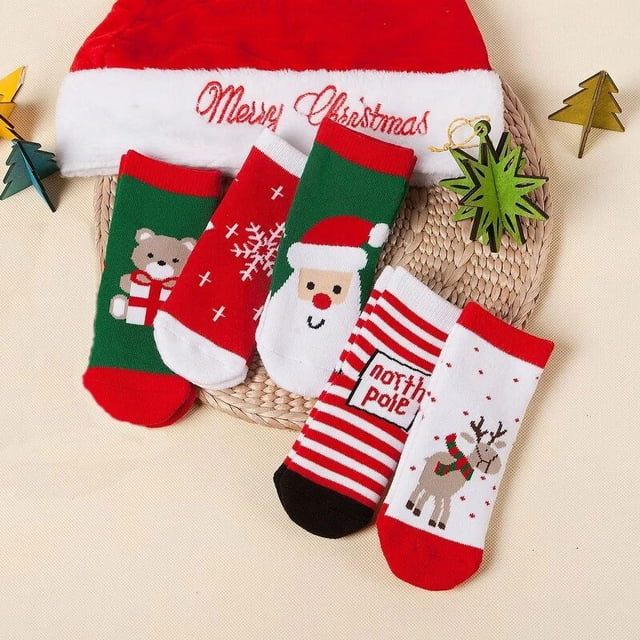 Calcetines de Navidad con patrón de dibujos animados para niños, calcetines de copo de nieve, moda de otoño e invierno, 5 pares