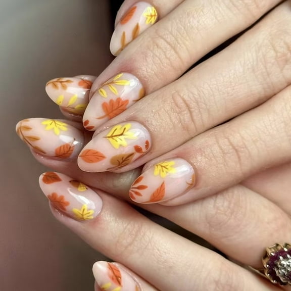24Pcs Thanksgiving on Nails Almond Halloween Press On Nails Maple Leaves Designs Artificial Nails for Festive