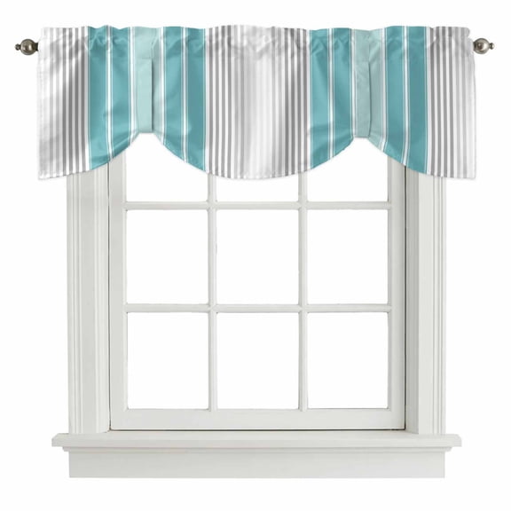 Turquoise Aqua Stripes Tie Up Valance Curtains for Windows, Kitchen Curtains Window Treatments, Modern Minimalist Abstract Lines Short Window Shades Valances for Bedroom Bathroom Cafe 42"x18"