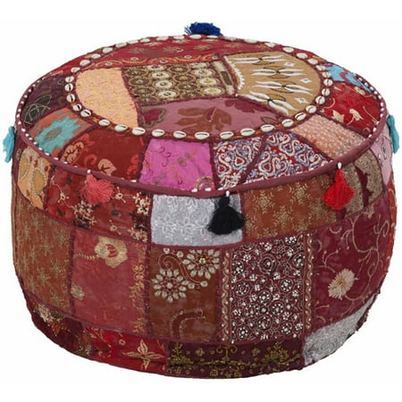 Art of Knot Tribe Cotton Decorative Pouf with Cotton Fill, Burgundy, 22" x 22" x 12"