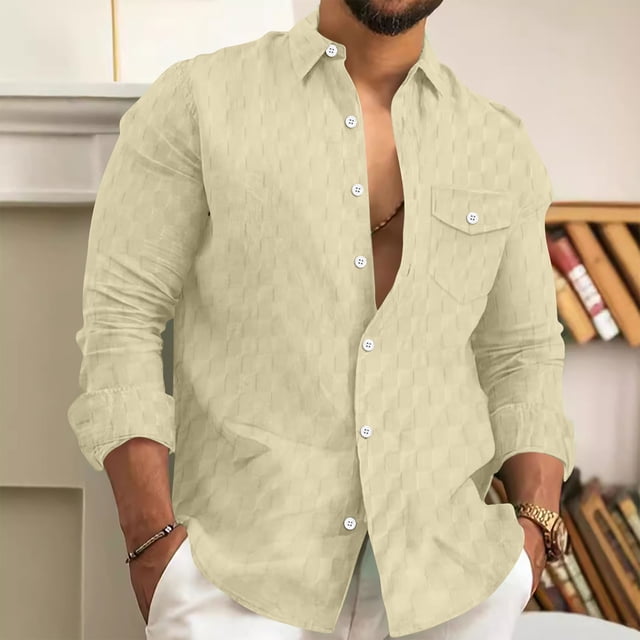 Blusa y camisa de manga larga con cuello vuelto para hombre Camisa a cuadros de manga larga con cuello vuelto Camisa de manga larga con solapa para hombre Blusa de poliéster para hombre