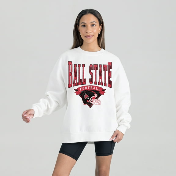 Women's Gameday Couture White Ball State Cardinals Oversized Good Vibes Premium Fleece Drop Shoulder Pullover Sweatshirt