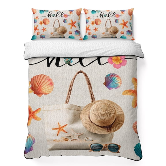 Quilts Twin XL Size Bedding Set, Summer Coastal Lightweight Quilted Comforter, Ocean Starfish Shells Bags Hat Floral Beige Soft Bedspread Coverlet with Pillow Covers for All Season, 68" x 98"