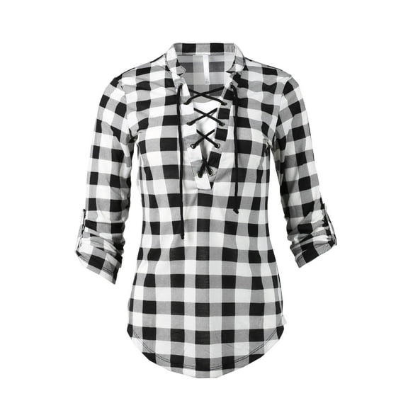 FashionOutfit Women's Casual Lace Up V-Neckline Rolled Up Sleeve Plaid Top