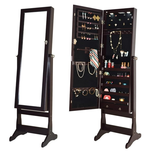 Giantex Jewelry Cabinet Armoire with Full-Length Mirror and LED Lights, Brown