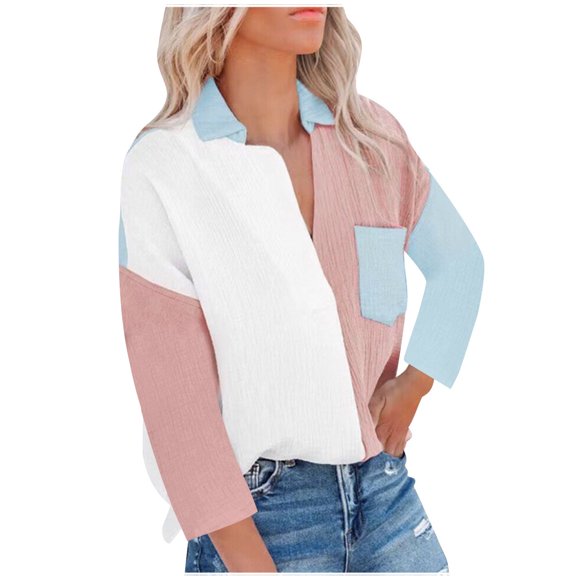 BLVB Women's Button down Shirts Lapel Long Sleeve Casual Comfy Ladies Work Office Fall Spring Blouse Tees