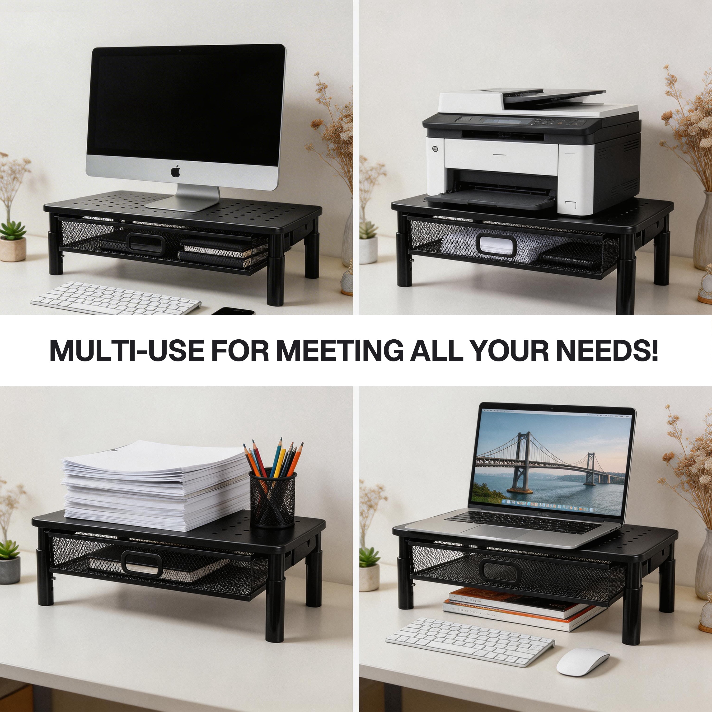 Behome Monitor Stand, Desk Monitor Riser 3 Height Adjustable, Laptop Riser with Airflow Vents, Desktop Stand for Computer, Printer, Monitor, Laptop, Black Steel, 14.57 in