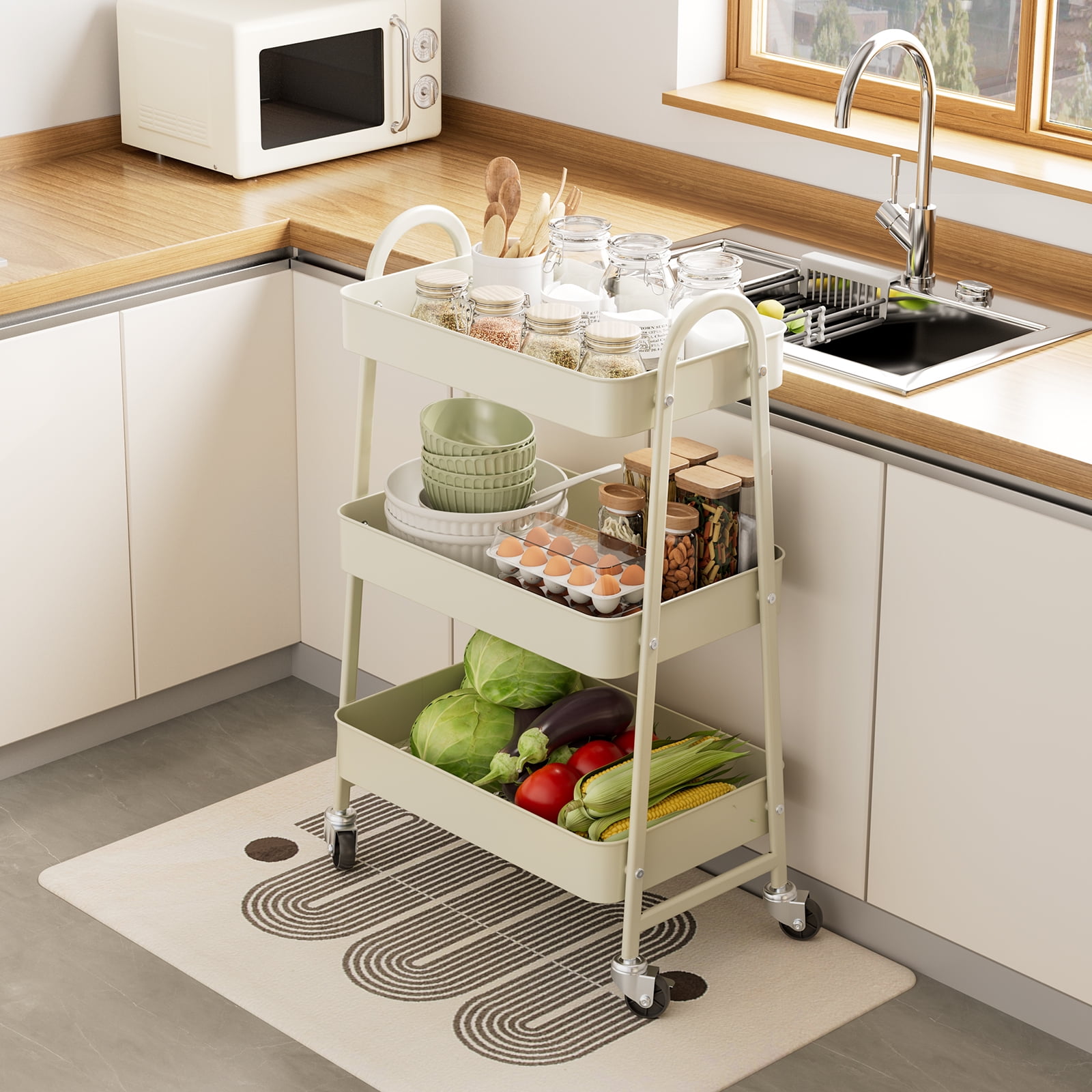 GIANNA 3 Tier Rolling Cart Organizer, Plastic Rolling Cart with Lockable Wheels & Reinforced Handle, Lightweight Utility Cart Storage Cart for Nursery, Kitchen, Bathroom, Craft Room