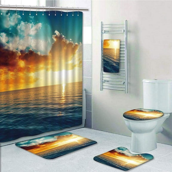 PRTAU Ocean Majestic Sunset over the Sea Scenic Idyllic Aquatic View Morning 5 Piece Bathroom Set Shower Curtain Bath Towel Bath Rug Contour Mat and Toilet Lid Cover