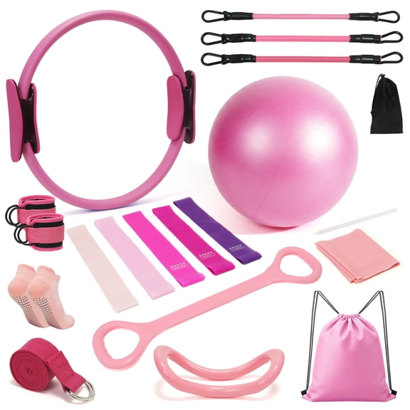 Pilates Ring Circle Set 18 Pcs Exercise Equipment Accessories for Women, Workouts Pilates Ball Stretching Strap for Women's Home Workouts & Beginners