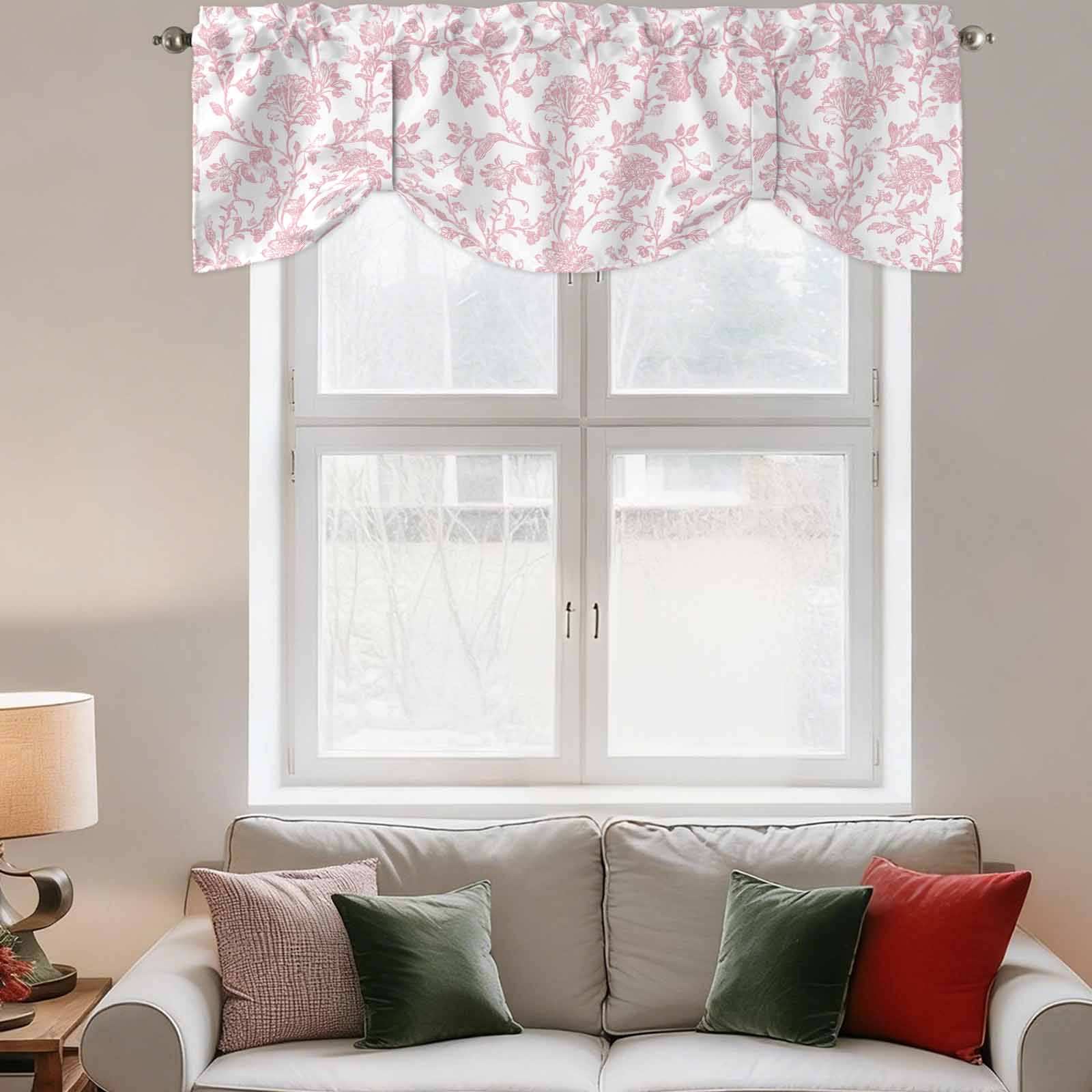 Light Pink Floral Paisley Tie Up Valances Curtain, Boho Leaf Vintage Farmhouse Linen Adjustable Rod Pocket Short Window Treatment Tie Up Curtains Valances for Kitchen Living Room 60x18 In