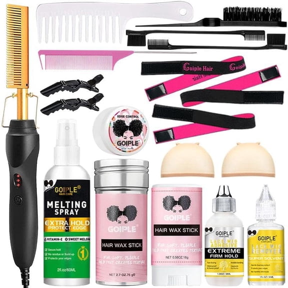 Goiple Electric Hot Comb Hair Straightener, Deluxe Electrical Straightening Comb Curling Iron for Natural Black Hair Wigs Pressing Combs with Wig Glue Hair Wax Stick Set