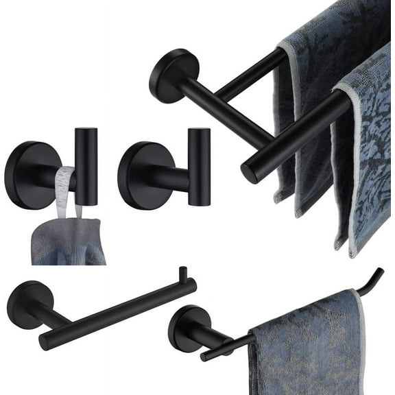 JQK Bathroom Hardware Set, 5-Piece Bath Accessories Set Matte Black Wall Mount Includes 24 in Towel Bar, 9 in HT Bar, TP Holder, Towel Hook x 2, BAS105-PB