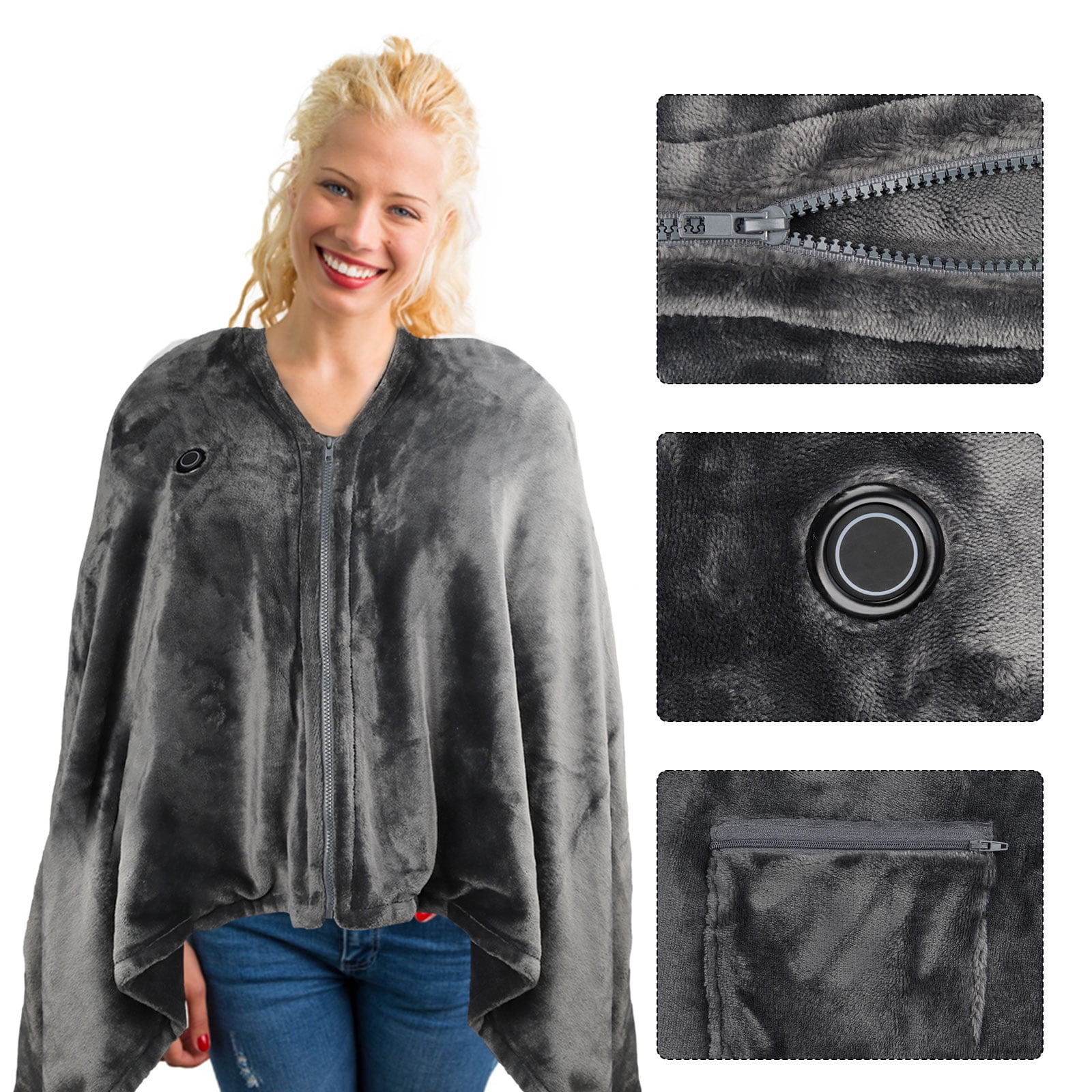 ASKITO Heated Blanket Wearable Shawl, Electric Wrap Poncho Blanket with Zipper, Heating Throw with 3 Heat Settings, Washable, 33"x73", Grey