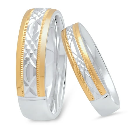 Gold Wedding Band Set - His and Hers Sterling Silver Diamond Cut 14K Gold Plated Matching Wedding Band Set