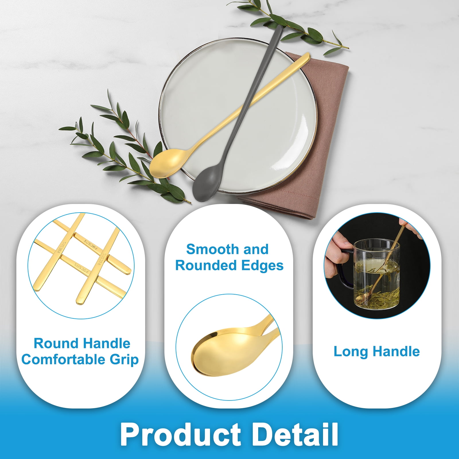 Unique Bargains 304 Stainless Steel Cocktail Stirring Long Handle Spoon for Drinking Gold