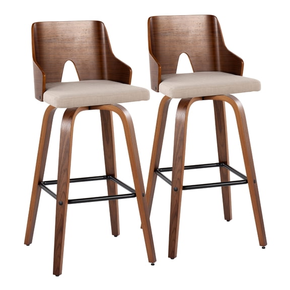 Ariana 30" Mid-Century Modern Fixed Height Barstool with Swivel in Walnut Wood, Beige Fabric and Square Black Metal Footrest by LumiSource - Set of 2