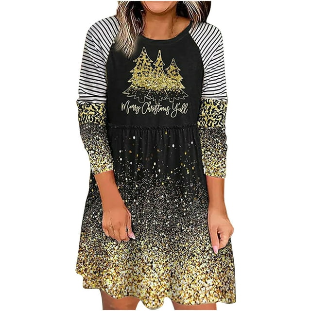 Birdeem Women Christmas Casual Loose Round Neck Leopard Print Patchwork Long Sleeve Pullover Dress