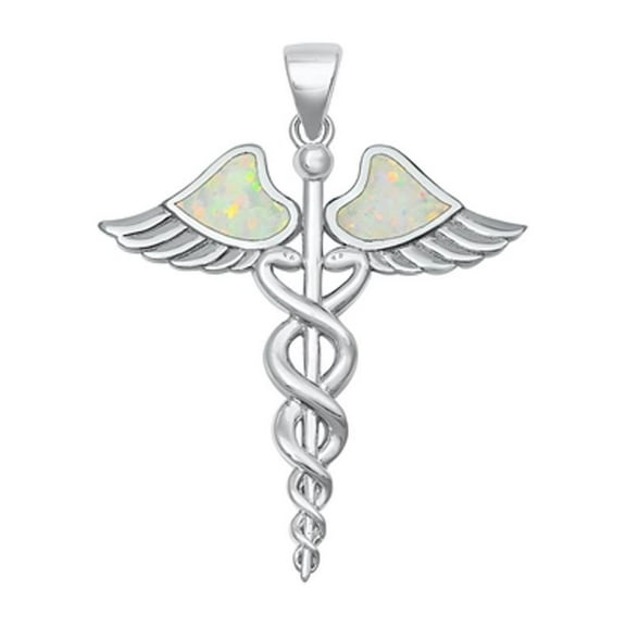 Sterling Silver White Simulated Opal Caduceus Pendant Doctor Nurse Charm Jewelry Female Unisex