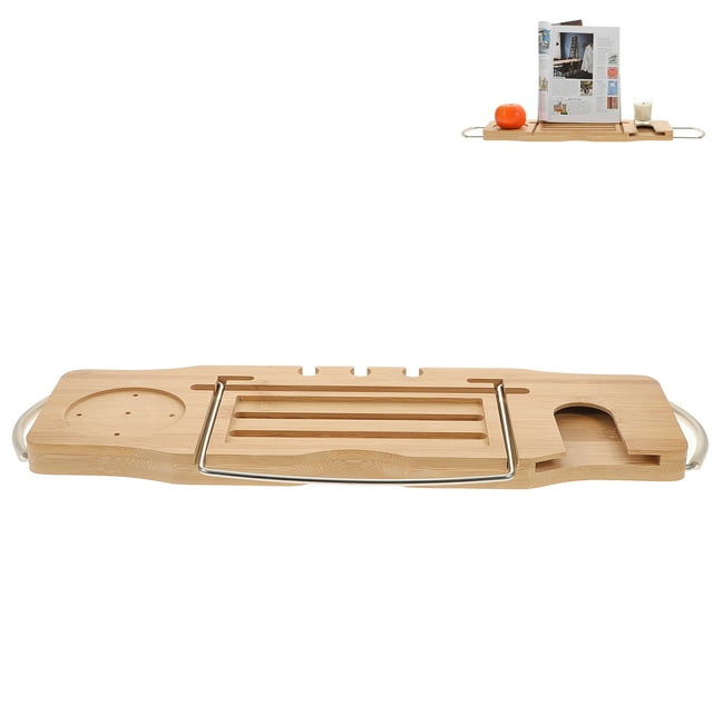 LOLIPPYY Bamboo Bathtub Tray with NonSlip Handles for Home Use Khaki Color Expandable Design 33.5 to 42 Inches