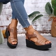 thumbnail image 4 of Rokment Wedges Gladiator Sandals for Women Beach Vintage Casual Color Block Leather Peep Toe Ankle Strap Platform Chunky Heeled Slingback Dress Summer Shoes Comfortable Walking Brown Size 8.5, 4 of 7