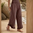 thumbnail image 6 of Women Linen Pants Summer Wide Leg Pants Smocked Waist Ruffle Hem Palazzo Pant Boho Flowy Beach Pant with Pocket, 6 of 6