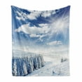 thumbnail image 1 of Winter Soft Flannel Fleece Blanket, Idyllic Snow Covered Mountain Forest Frozen Icy Highland Nordic Peaks Scenery, Cozy Plush for Indoor and Outdoor Use, 70" x 90", Pale Blue White, by Ambesonne, 1 of 6