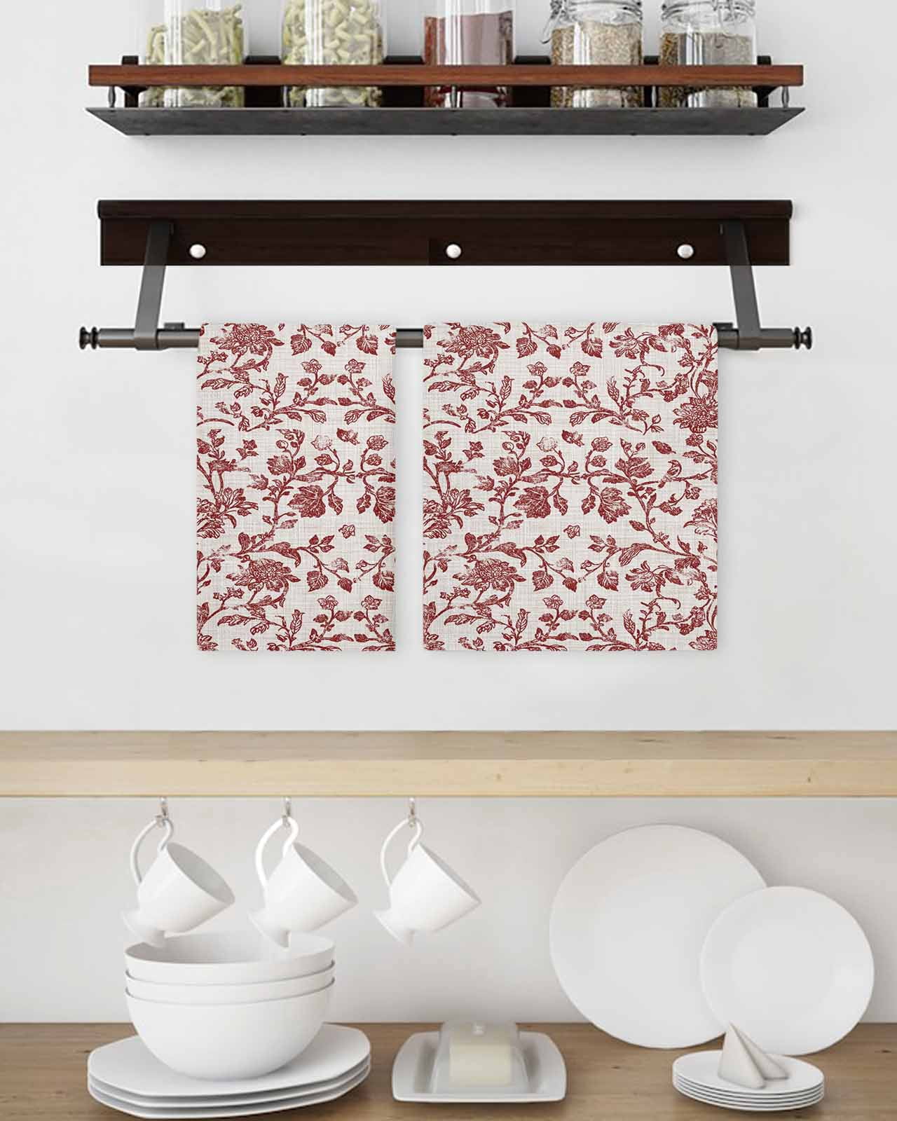 Farmhouse Red Hand Towels Set, Waffle Weave Kitchen Towels 2 Pieces, Vintage Flower Leaf Botanical Plant Microfiber Hair Face Bath Tea Towel Absorbent Quick Drying Cleaning Dish Cloths 15.7"x23.6"