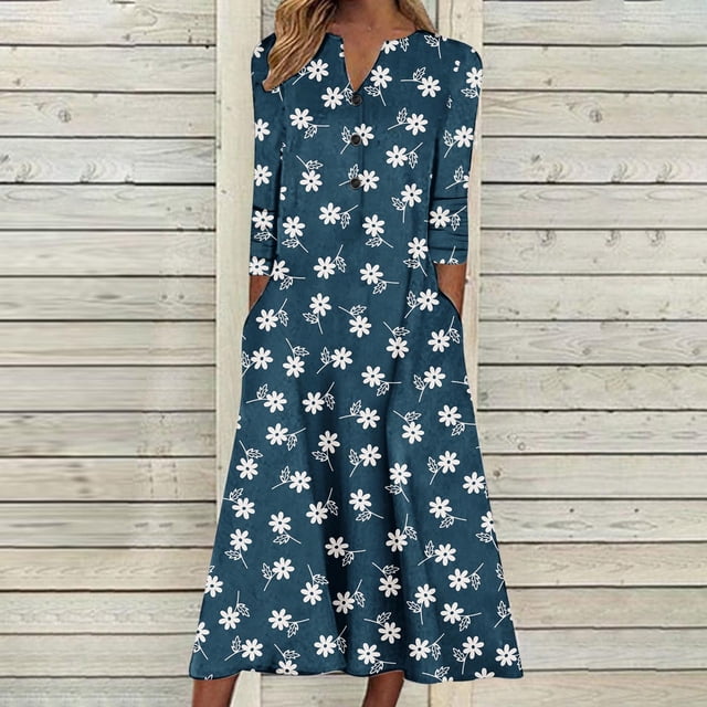 Babysbule Liquidation Robes d'Automne pour Femmes Mode Femmes Décontracté Élégant Col Rond Imprimé Été Manches Longues Poches Robe
