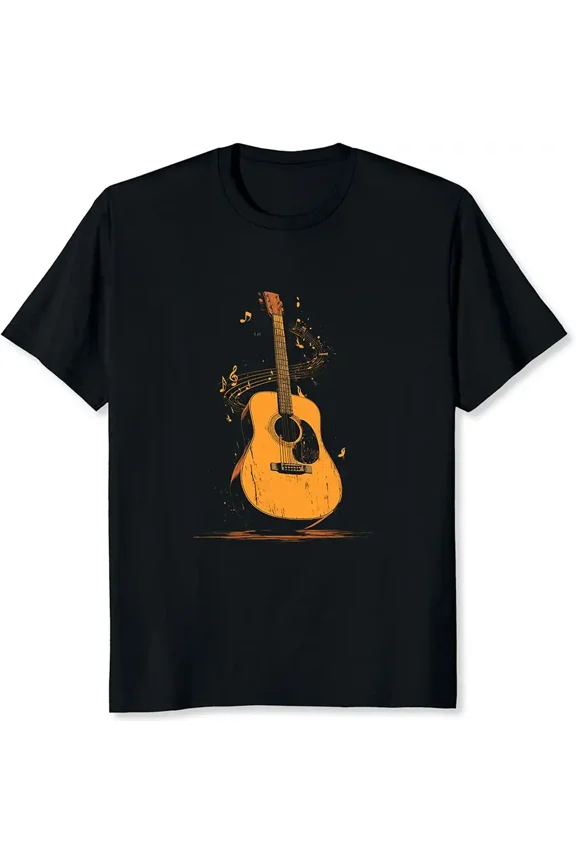 Vintage Acoustic Guitar Music Notes for Men Graphic Short Sleeve T-Shirt