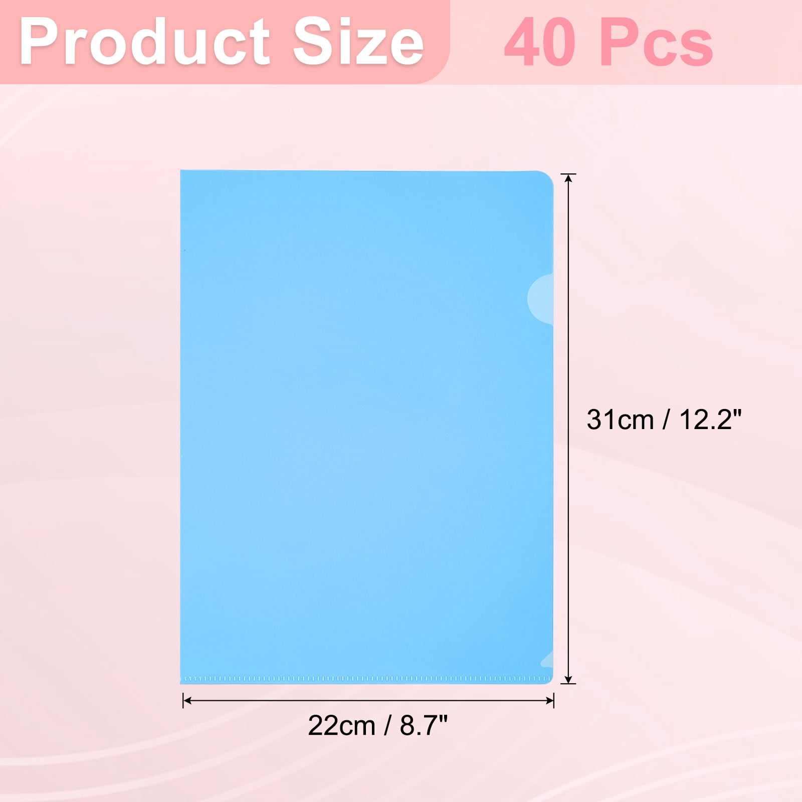 A4 Plastic Folders, 40 Pack Clear Folders L Type Project Pockets Paper Document Jacket Sleeves L Shaped Transparent for Documents Plastic Office File, 8.7x12.2in, Blue