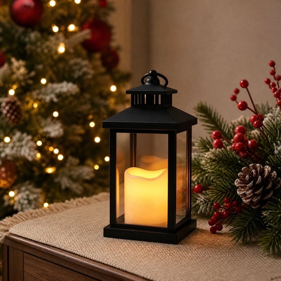 Vintage Black Christmas LED Lantern Flickering Flameless Candle Lanterns Hanging Tabletop Xmas Decorative Light 8.5x3.9 in