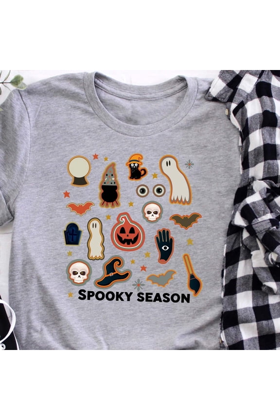 Spooky Season Halloween Shirt Cute Halloween Icons Tee Ghost Pumpkin Bat Witch Shirt Fall