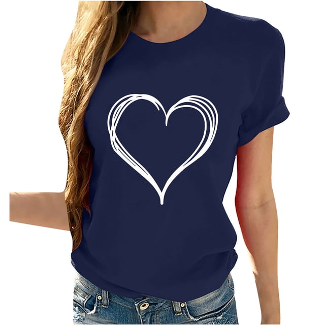 AherBiu Hauts de la Saint-Valentin pour Femmes à Imprimé de Cœurs, Col Rond, Manches Courtes, Haut Basique, T-Shirts, Chemises, Blouse